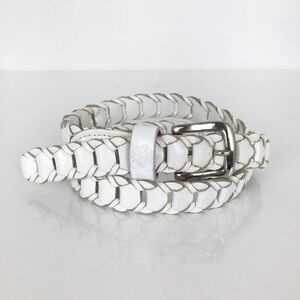 Women’s White Woven Leather Belt Silver Tone Buckle Preppy Coastal Cowgirl